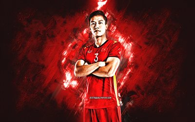 Que Ngoc Hai, Vietnamin jalkapallomaajoukkue, vietnamilainen jalkapalloilija, muotokuva, punainen kivitausta, Vietnam, jalkapallo