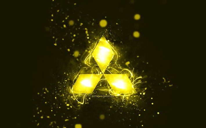 mitsubishi gelbes logo, 4k, gelbe neonlichter, kreativer, gelber abstrakter hintergrund, mitsubishi-logo, automarken, mitsubishi