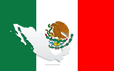 Siluetta della mappa del Messico, bandiera del Messico, sagoma sulla bandiera, Messico, 3d sagoma della mappa del Messico, mappa 3d del Messico