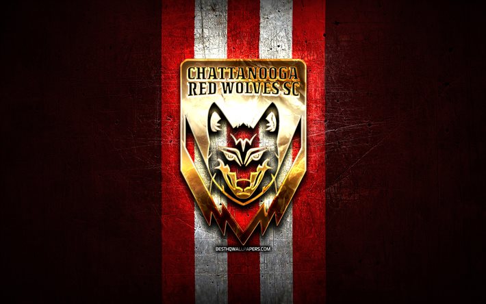 Chattanooga Red Wolves FC, golden logo, USL League One, red metal background, american soccer club, Chattanooga Red Wolves logo, soccer, Chattanooga Red Wolves