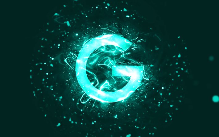 Google turkos logotyp, 4k, turkos neonljus, kreativ, turkos abstrakt bakgrund, Google logotyp, varum&#228;rken, Google