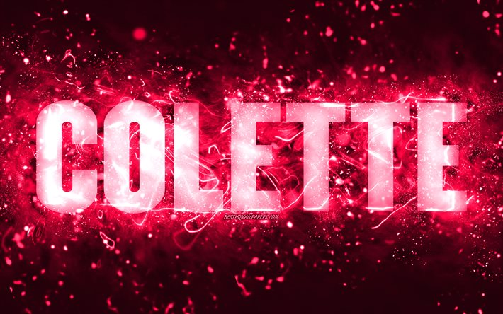 Buon Compleanno Colette, 4k, luci al neon rosa, nome Colette, creativo, Colette Buon Compleanno, Compleanno Colette, nomi femminili americani popolari, foto con nome Colette, Colette
