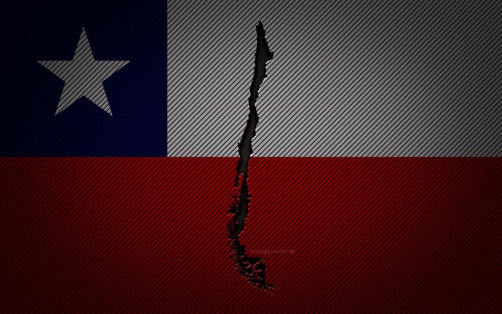 Chile karta, 4k, Sydamerikanska l&#228;nder, Chilenska flaggan, r&#246;d kolbakgrund, Chile kartsiluett, Chile flagga, Sydamerika, Chilensk karta, Chile, Chiles flagga
