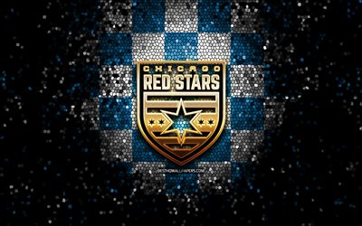 chicago red stars fc, glitzer-logo, nwsl, blau-weiß karierter hintergrund, fußball, american-football-club, chicago red stars-logo, mosaikkunst, chicago red stars