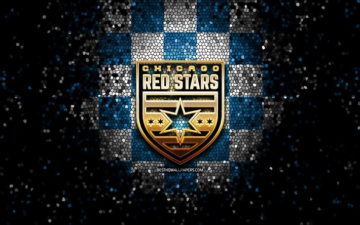 Chicago Red Stars FC, glitter logo, NWSL, blue white checkered background, soccer, american football club, Chicago Red Stars logo, mosaic art, football, Chicago Red Stars
