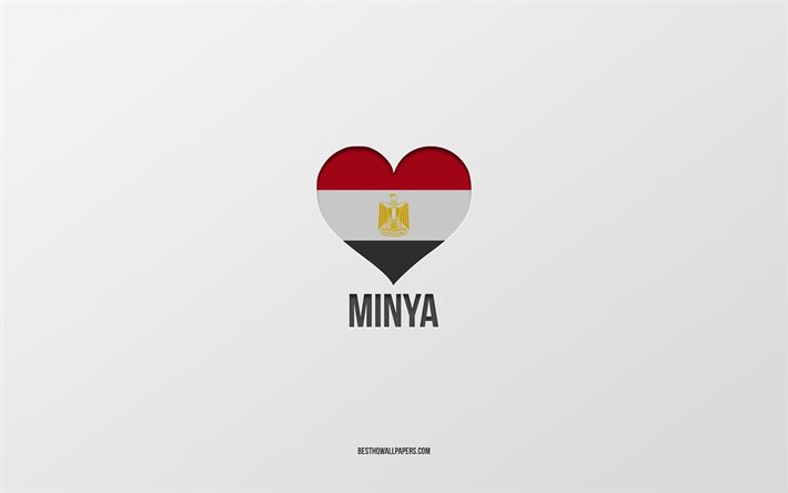 Minya&#39;yı Seviyorum, Mısır şehirleri, Minya G&#252;n&#252;, gri arka plan, Minya, Mısır, Mısır bayrağı kalp, favori şehirler