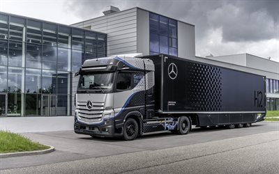 4k, Mercedes-Benz GenH2 Truck, 2021, exterior, front view, Fuel-cell Hydrogen Truck, Daimler Trucks, hydrogen truck, Mercedes-Benz Actros, cargo transportation, Mercedes-Benz