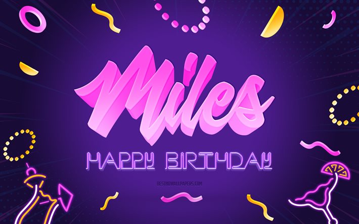 お誕生日おめでとうマイル, 4k, 紫のパーティーの背景, マイル, クリエイティブアート, お誕生日おめでとう, マイル名, マイルの誕生日, 誕生日パーティーの背景