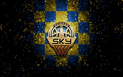 Chicago Sky, glitter logo, WNBA, yellow blue checkered background, basketball, american basketball team, Chicago Sky logo, mosaic art