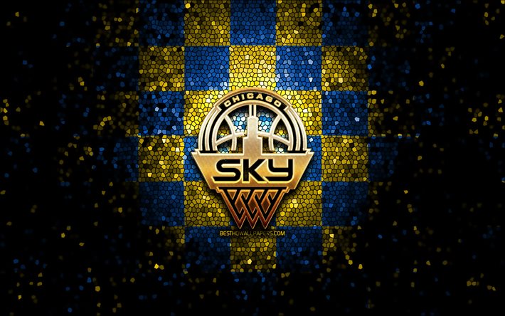 Chicago Sky, logo paillet&#233;, WNBA, fond damier bleu jaune, basket-ball, &#233;quipe am&#233;ricaine de basket-ball, logo Chicago Sky, art de la mosa&#239;que