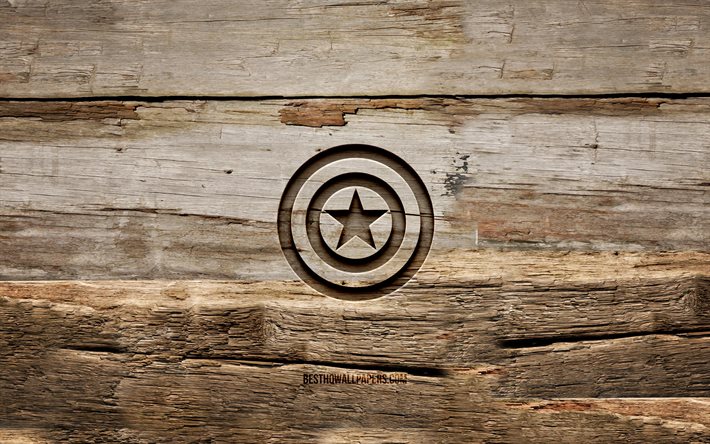 Captain America tr&#228;logotyp, 4K, tr&#228;bakgrunder, superhj&#228;ltar, Captain America logotyp, kreativ, tr&#228;snideri, Captain America