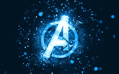 Avengers bl&#229; logotyp, 4k, bl&#229; neonljus, kreativ, bl&#229; abstrakt bakgrund, Avengers logotyp, superhj&#228;ltar, Avengers