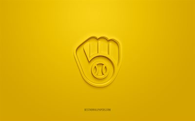 Emblema Milwaukee Brewers, logotipo 3D criativo, fundo amarelo, clube de beisebol americano, MLB, Milwaukee, EUA, Milwaukee Brewers, beisebol, ins&#237;gnia Milwaukee Brewers