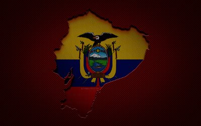 Ecuador map, 4k, South American countries, Ecuadorian flag, red carbon background, Ecuador map silhouette, Ecuador flag, South America, Ecuadorian map, Ecuador, flag of Ecuador