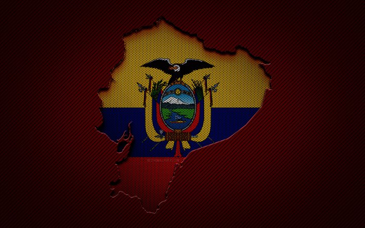 エクアドルの地図, 4k, 南アメリカの国々, エクアドルの国旗, 赤い炭素の背景, エクアドルの地図のシルエット, 南米, エクアドル