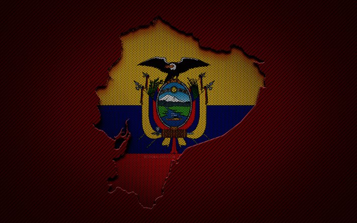 ecuador-karte, 4k, s&#252;damerikanische l&#228;nder, ecuadorianische flagge, roter kohlenstoffhintergrund, ecuadorianische kartensilhouette, s&#252;damerika, ecuadorianische karte, ecuador, flagge von ecuador