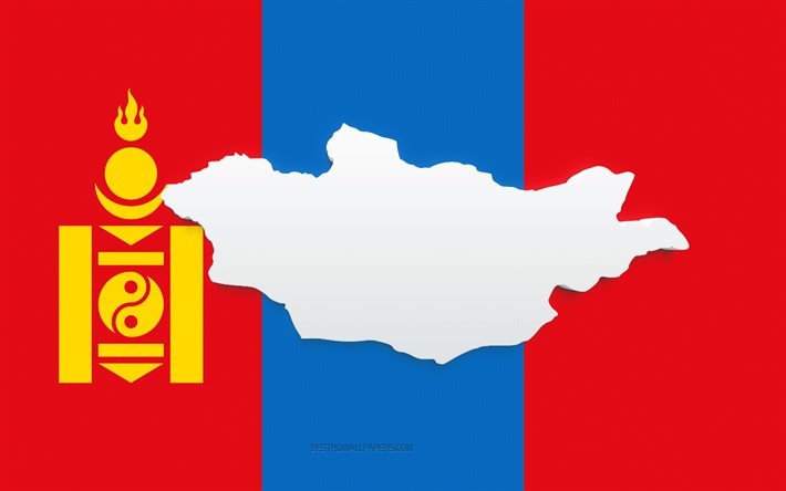 Mongoliets kartsiluett, Mongoliets flagga, siluetten p&#229; flaggan, Mongoliet, 3d Mongoliets kartsiluett, Mongoliets 3d-karta