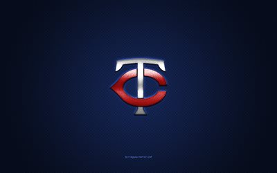 Minnesota Twins emblem, American baseball club, red logo, blue carbon fiber background, MLB, Minnesota Twins Insignia, baseball, Minnesota, USA, Minnesota Twins