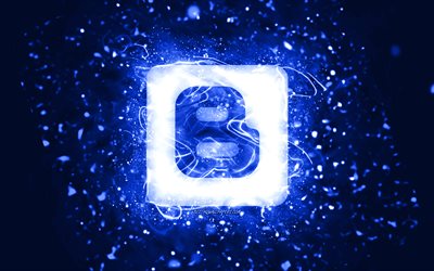 Blogger logo bleu foncé, 4k, néons bleu foncé, créatif, fond abstrait bleu foncé, logo Blogger, réseau social, Blogger