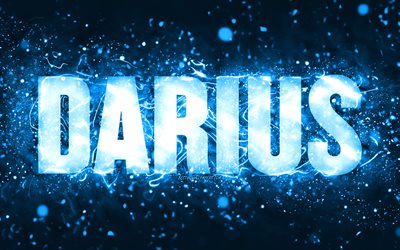 Buon Compleanno Darius, 4k, luci al neon blu, nome Darius, creativo, Darius Buon Compleanno, Compleanno Darius, nomi maschili americani popolari, foto con nome Darius, Darius