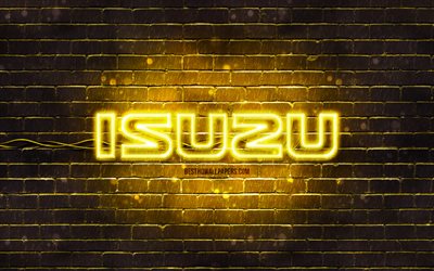 Isuzu yellow logo, 4k, yellow brickwall, Isuzu logo, cars brands, Isuzu neon logo, Isuzu