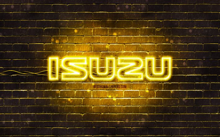 Isuzu gul logotyp, 4k, gul tegelv&#228;gg, Isuzu logotyp, bilm&#228;rken, Isuzu neon logotyp, Isuzu
