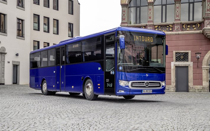 4k, Mercedes-Benz Intouro, 2021, exteri&#246;r, framifr&#229;n, passagerarbuss, ny bl&#229; Intouro, tyska bussar, Mercedes-Benz bussar