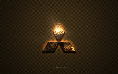 goldenes mitsubishi-logo, kunstwerk, brauner metallhintergrund, mitsubishi-emblem, mitsubishi-logo, marken, mitsubishi