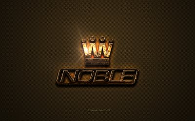 Noble golden logo, artwork, brown metal background, Noble emblem, Noble logo, brands, Noble