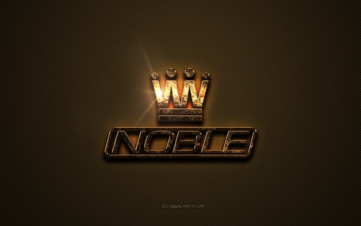 Noble logo dor&#233;, oeuvre d&#39;art, fond en m&#233;tal marron, embl&#232;me Noble, logo Noble, marques, Noble