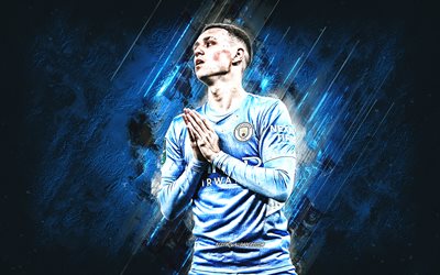 Phil Foden, Manchester City FC, English footballer, midfielder, Premier League, England, soccer, blue stone background, grunge art