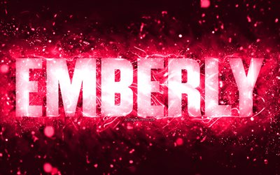 Buon Compleanno Emberly, 4k, luci al neon rosa, nome Emberly, creativo, Emberly Buon Compleanno, Emberly Compleanno, nomi femminili americani popolari, foto con nome Emberly, Emberly