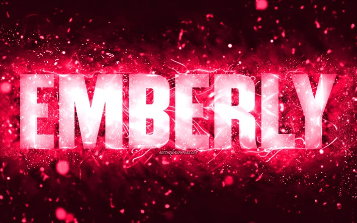 Happy Birthday Emberly, 4k, pink neon lights, Emberly name, creative, Emberly Happy Birthday, Emberly Birthday, popular american female names, picture with Emberly name, Emberly