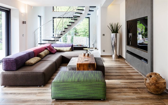 design d&#39;int&#233;rieur &#233;l&#233;gant, salon, maison de campagne, style loft, mur de b&#233;ton gris, salon loft, design d&#39;int&#233;rieur moderne, escalier en colima&#231;on