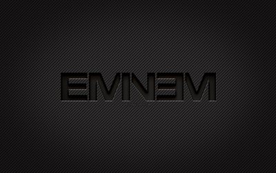 Eminem logo in carbonio, 4k, Marshall Bruce Mathers III, grunge, sfondo di carbonio, creativo, Eminem logo nero, star della musica, logo Eminem, Eminem
