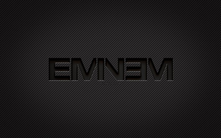 Eminem carbon logo, 4k, Marshall Bruce Mathers III, grunge art, carbon background, creative, Eminem black logo, music stars, Eminem logo, Eminem