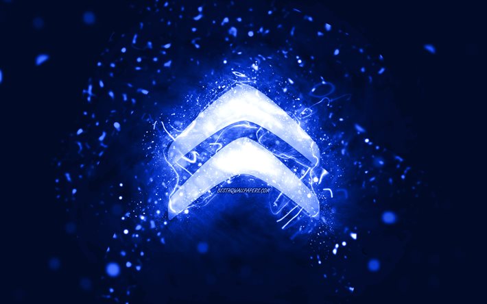 Citroen dark blue logo, 4k, dark blue neon lights, creative, dark blue abstract background, Citroen logo, cars brands, Citroen