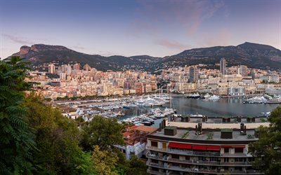 Monte Carlo, porto, sera, tramonto, Porto Ercole, baia, yacht di lusso, paesaggio urbano di Monte Carlo, panorama di Monte Carlo, skyline di Monte Carlo, Monaco