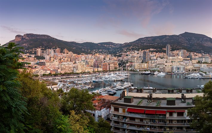 Monte Carlo, satama, ilta, auringonlasku, Port Hercules, lahti, luksusjahdit, Monte Carlon kaupunkikuva, Monte Carlon panoraama, Monte Carlon siluetti, Monaco
