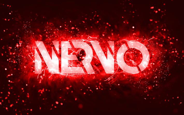 Logo rouge Nervo, 4k, DJ australiens, n&#233;ons rouges, Olivia Nervo, Miriam Nervo, fond abstrait rouge, Nick van de Wall, logo Nervo, stars de la musique, Nervo
