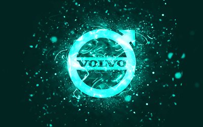 Volvo turchese logo, 4k, luci al neon turchesi, creativo, turchese sfondo astratto, logo Volvo, marche di automobili, Volvo