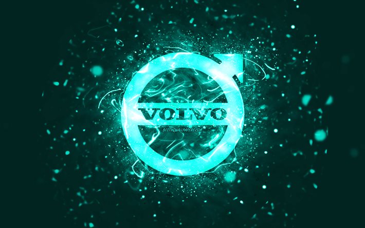 Volvo turquoise logo, 4k, turquoise neon lights, creative, turquoise abstract background, Volvo logo, cars brands, Volvo
