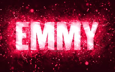 Feliz anivers&#225;rio Emmy, 4k, luzes de n&#233;on rosa, nome Emmy, criativo, Emmy Feliz anivers&#225;rio, Emmy anivers&#225;rio, nomes femininos americanos populares, imagem com nome Emmy, Emmy