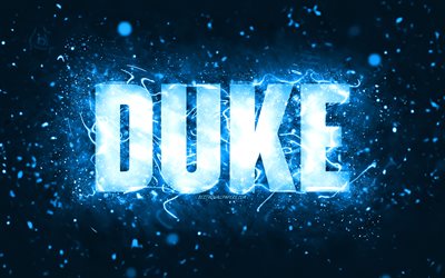 Feliz anivers&#225;rio, duque, 4k, luzes de n&#233;on azuis, nome do duque, criativo, parab&#233;ns do duque, anivers&#225;rio do duque, nomes masculinos americanos populares, foto com o nome do duque
