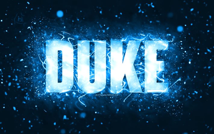 Happy Birthday Duke, 4k, blue neon lights, Duke name, creative, Duke Happy Birthday, Duke Birthday, popular american male names, picture with Duke name, Duke