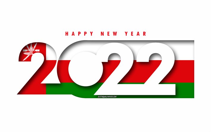 Gott nytt &#229;r 2022 Oman, vit bakgrund, Oman 2022, Oman 2022 ny&#229;r, 2022 koncept, Oman, Oman flagga