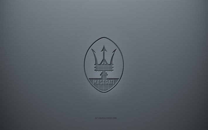 Logo Maserati, sfondo grigio creativo, emblema Maserati, texture carta grigia, Maserati, sfondo grigio, logo Maserati 3d
