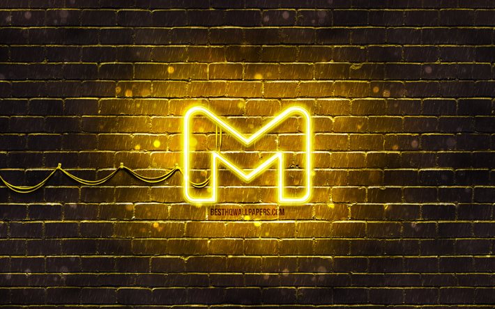 Logo giallo di Gmail, 4k, muro di mattoni giallo, logo di Gmail, servizi postali, logo al neon di Gmail, Gmail