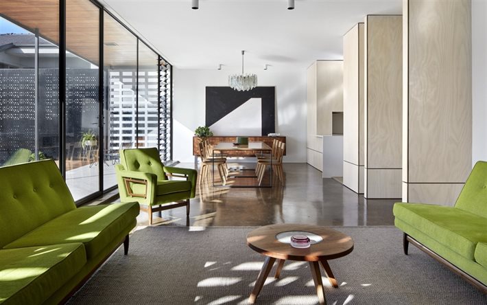 sala da pranzo, interni dal design elegante, appartamenti di lusso, design moderno, divani verdi, mobili verdi