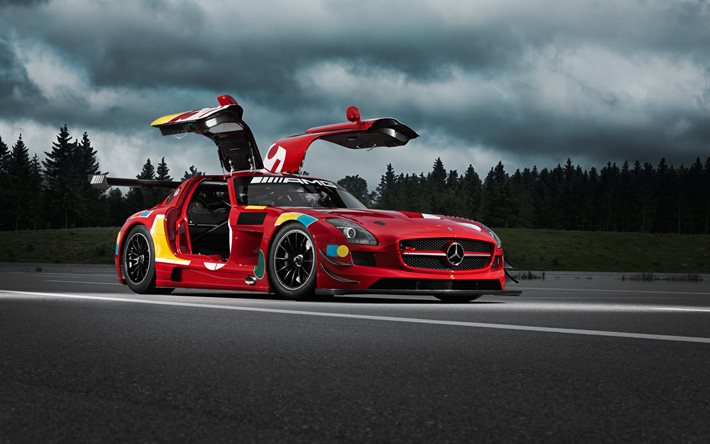 Mercedes-Benz SLS AMG GT3, 2021, kilpa-auto, viritys, punainen SLS AMG GT3, saksalaiset urheiluautot, Mercedes-Benz